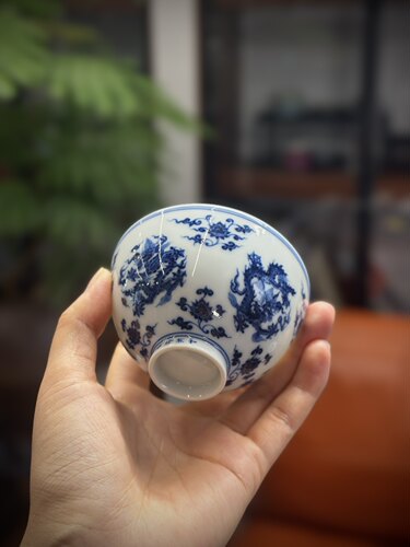 和然窑/和然珍味柴窑青花/九龙团龙纹鸡心杯/薄胎手绘手工茶杯