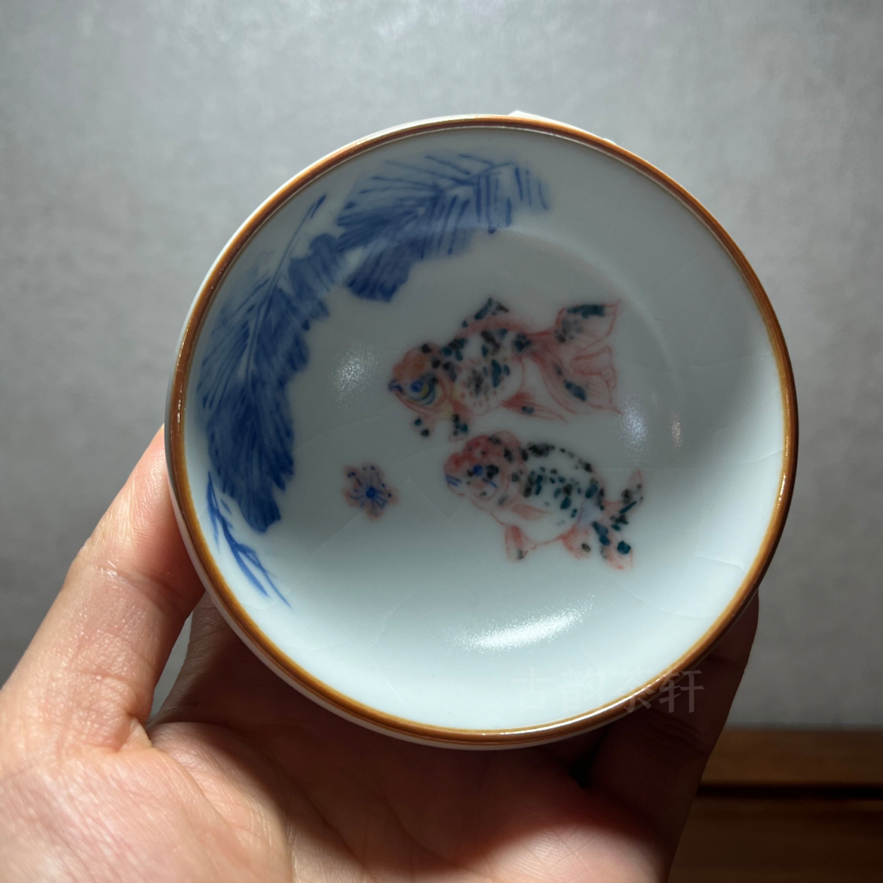 善窑厂李善明善款汝窑罗汉杯手绘双鱼粉彩开片汝瓷主人杯茶杯