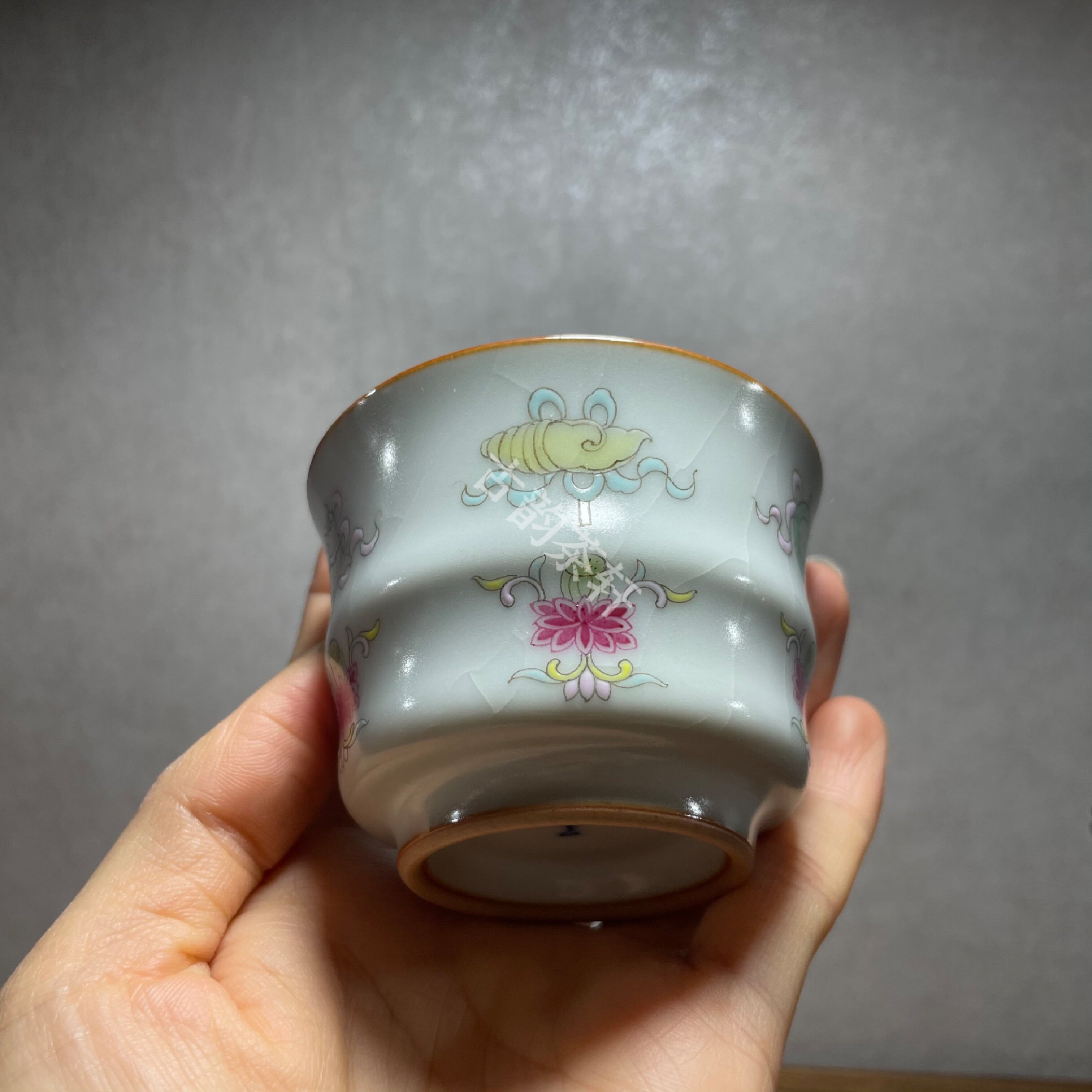 善窑厂李善明善款汝窑粉彩珐琅彩八宝纹竹节杯开片汝瓷主人杯