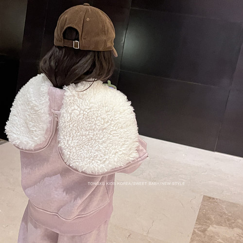 潼小乖定制2025秋冬新款加厚羊羔绒套装毛球外套上衣+裤子5q117