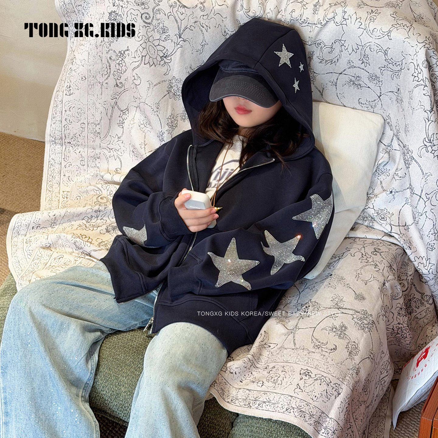 女童连帽卫衣外套春秋款藏青色烫钻星星儿童拉链开衫女孩韩系上衣