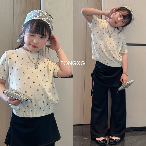 潼小乖现货短袖T恤女童宽松落肩袖莱赛尔天丝小花针织短袖6q080