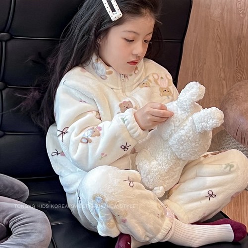 潼小乖定制冬季韩版儿童保暖双面绒加厚套装女童家居服睡衣5Q076