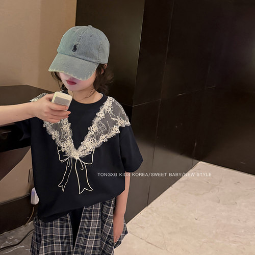 潼小乖童装26夏季新款女童蕾丝拼接蝴蝶结短袖T恤衫亲子6q047现货