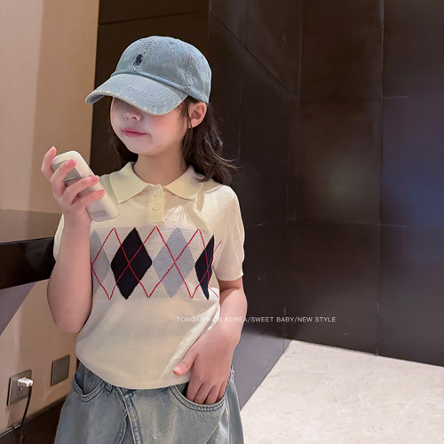 潼小乖现货中大童学院风菱格短袖莱赛尔女夏款polo领上衣6q059