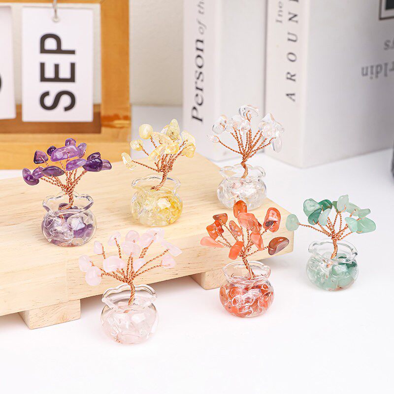 迷你石来运转水晶招财树桌面小摆件办公室工位电脑屏幕装饰品摆件