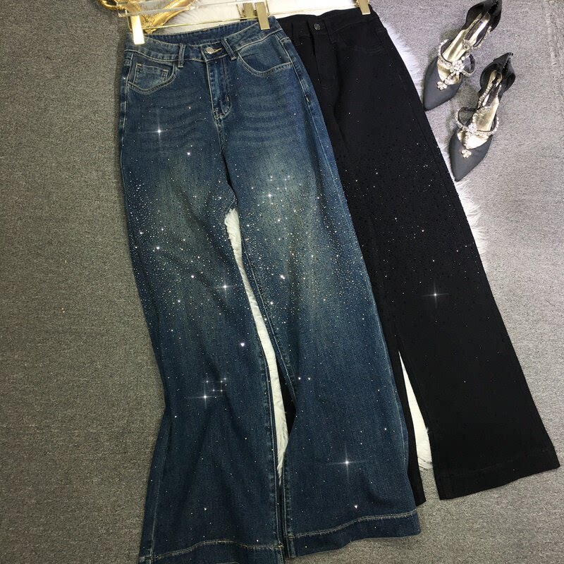 欧洲站欧货重工烫钻牛仔裤女中高腰显瘦直筒裤前后钻百搭长裤春夏