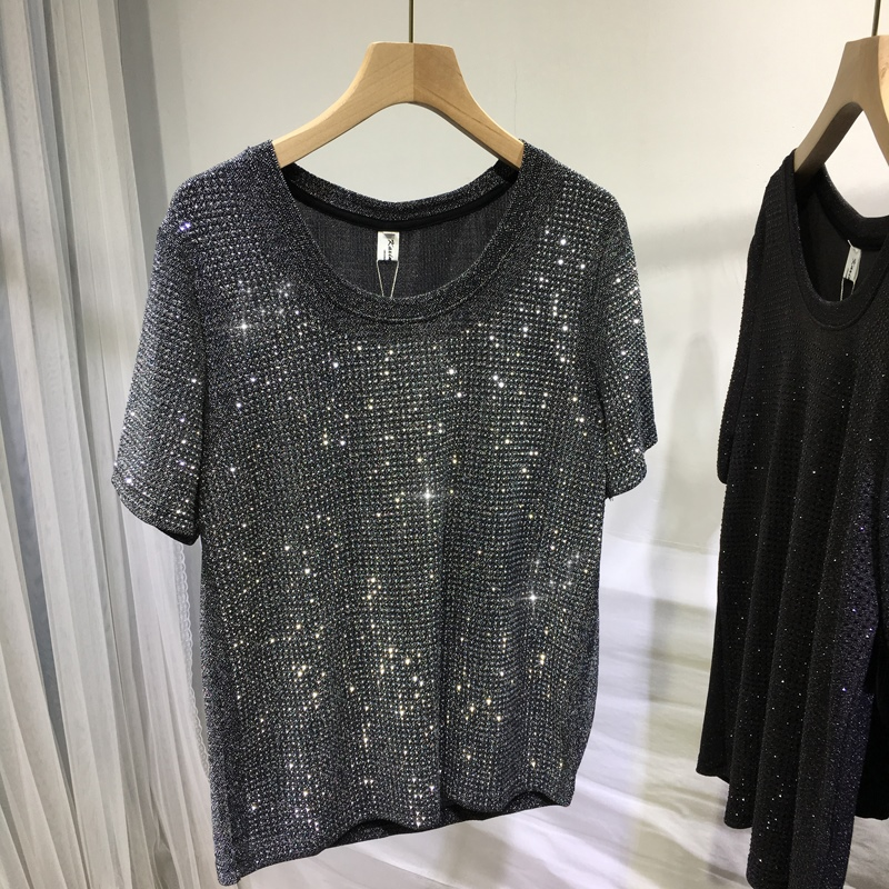 欧洲站欧货重工烫钻T恤女显瘦圆领银丝短袖大码百搭显瘦夏季新