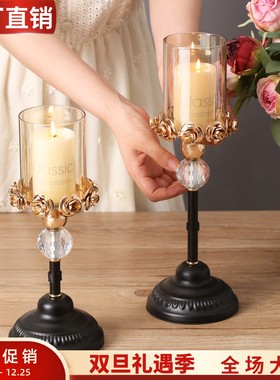 中古风轻奢黑色金属水晶玻璃玫瑰蜡烛台高脚欧式餐桌家用装饰摆件