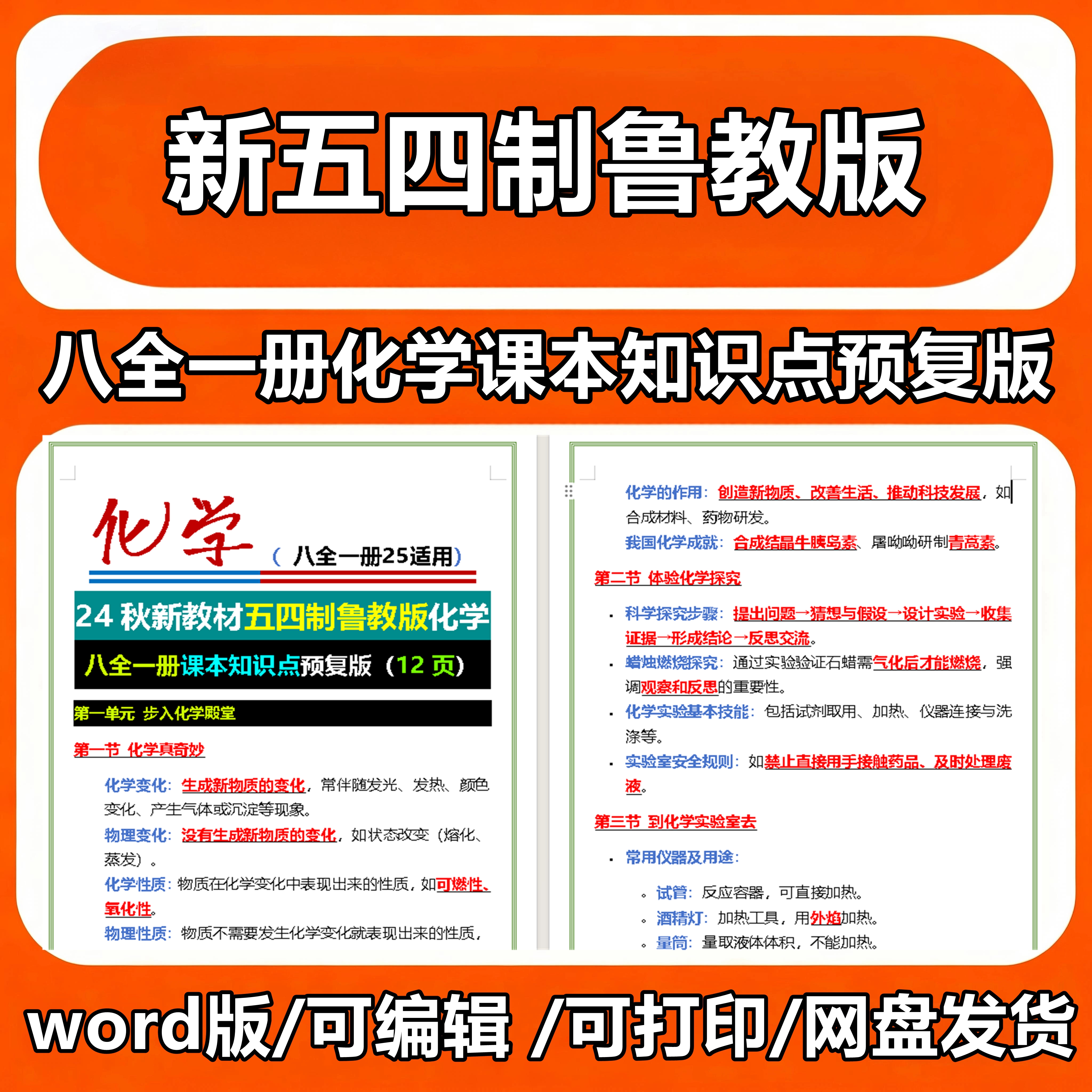 24秋新教材五四制鲁教版化学八全一册课本知识点预复版