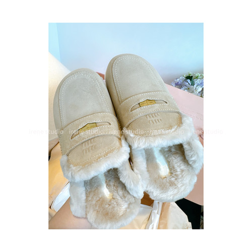 irene studio 牛皮版miu家金币包头毛毛拖鞋女圆头加绒保暖棉鞋