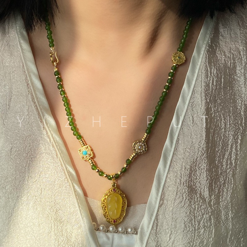 新中式国风项链天然蜜蜡吊坠搭配绿玉髓高级感女款