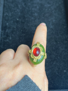 波密圣殿中古vintage绿色戒指复古珐琅宫廷做旧浮雕开口指环