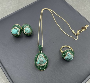 新款绿色松石中古耳饰个性饰品时尚法式戒指项链色电镀