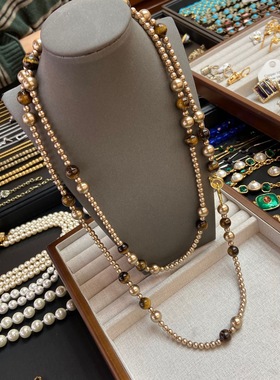 美拉德人造虎眼石珍珠项链长款秋冬复古毛衣链轻奢小众叠戴项饰女
