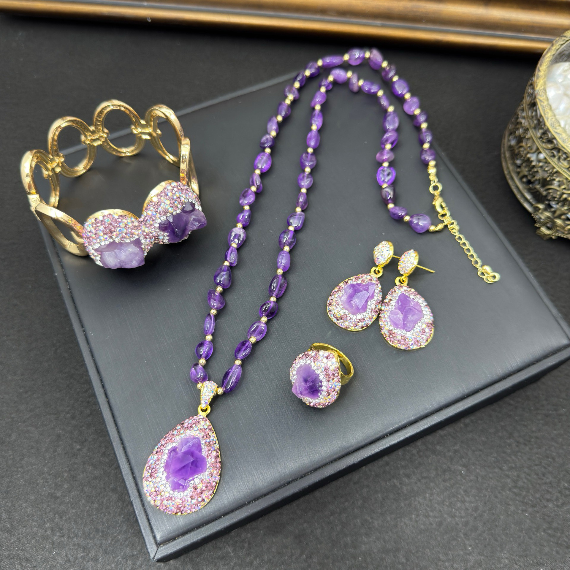 新款天然原石紫水晶毛衣链小众个性饰品高档毛衣链手工镶嵌套装,饰品/流行首饰/时尚饰品新,组合套装,淘宝优惠券,粉丝福利购,淘宝优惠卷