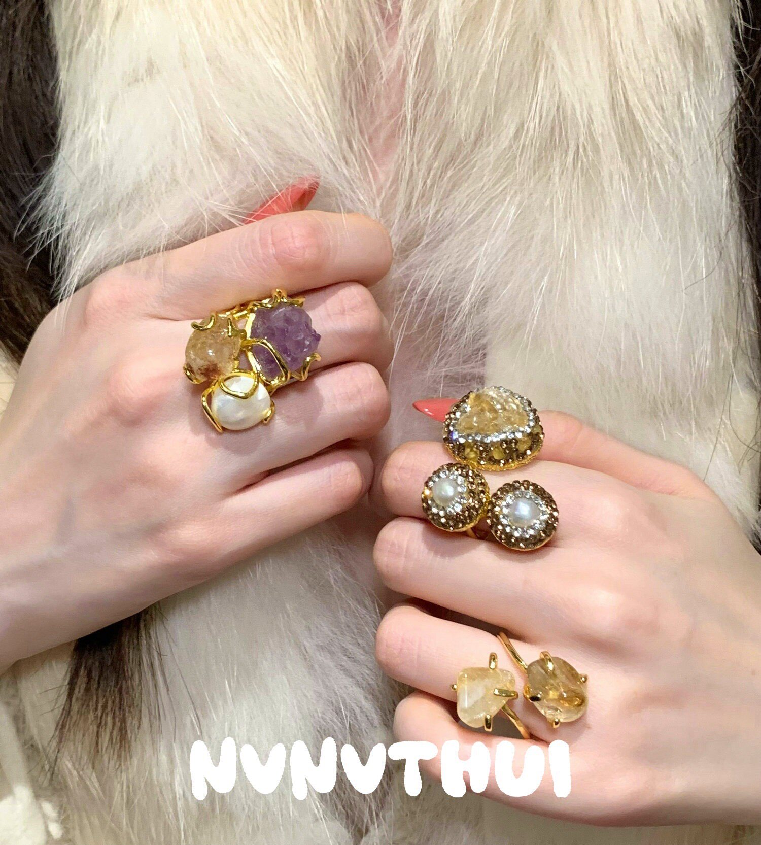 晶洞原石香槟托帕不规则黄晶紫水晶戒指高定珠宝紫水晶巴洛克戒指