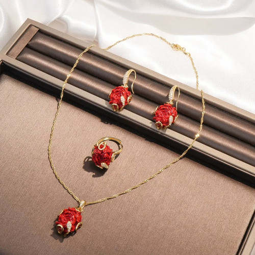 红色朱砂玫瑰花项链三件套耳钩项链戒指精致
