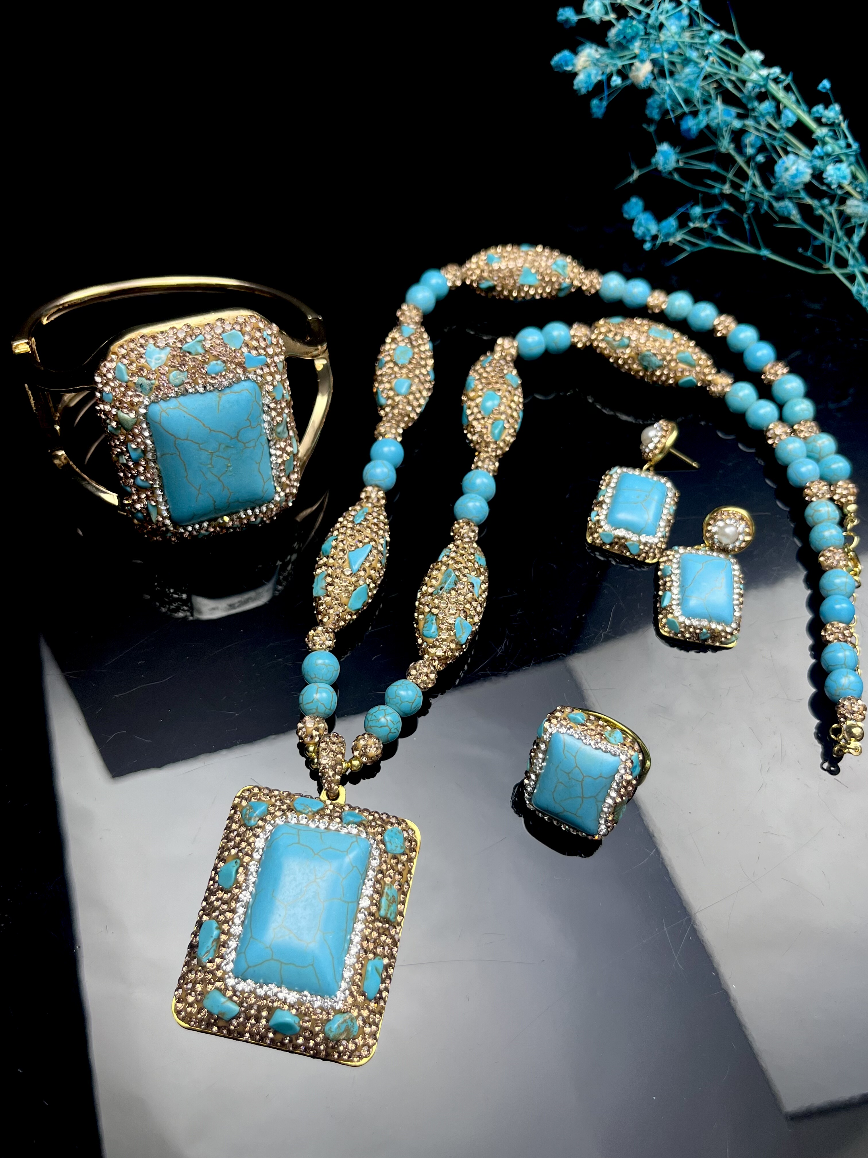 新款中古项链松石珍珠套装民族风小众个性手工镶嵌捷克钻四件套