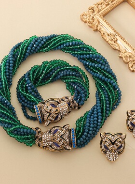 满钻珐琅豹子头项链手链耳饰轻奢小众波斯米亚款跨境热销动物时尚