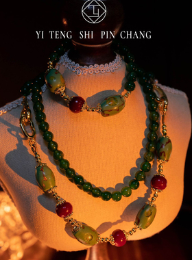 国潮新中式项链绿色叠戴手链玉髓串珠女士玛瑙锁骨链祖母绿可拆卸