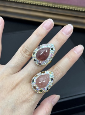 新款天然草莓晶镶嵌碧玺原石戒指个性风轻奢小众手工开口指环