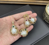 巴洛克珍珠镶嵌原石套装 个性 时尚 新款 轻奢项链手镯耳饰戒指套装