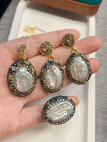 天然巴洛克珍珠黑色钻点缀套装项链戒指耳环项链