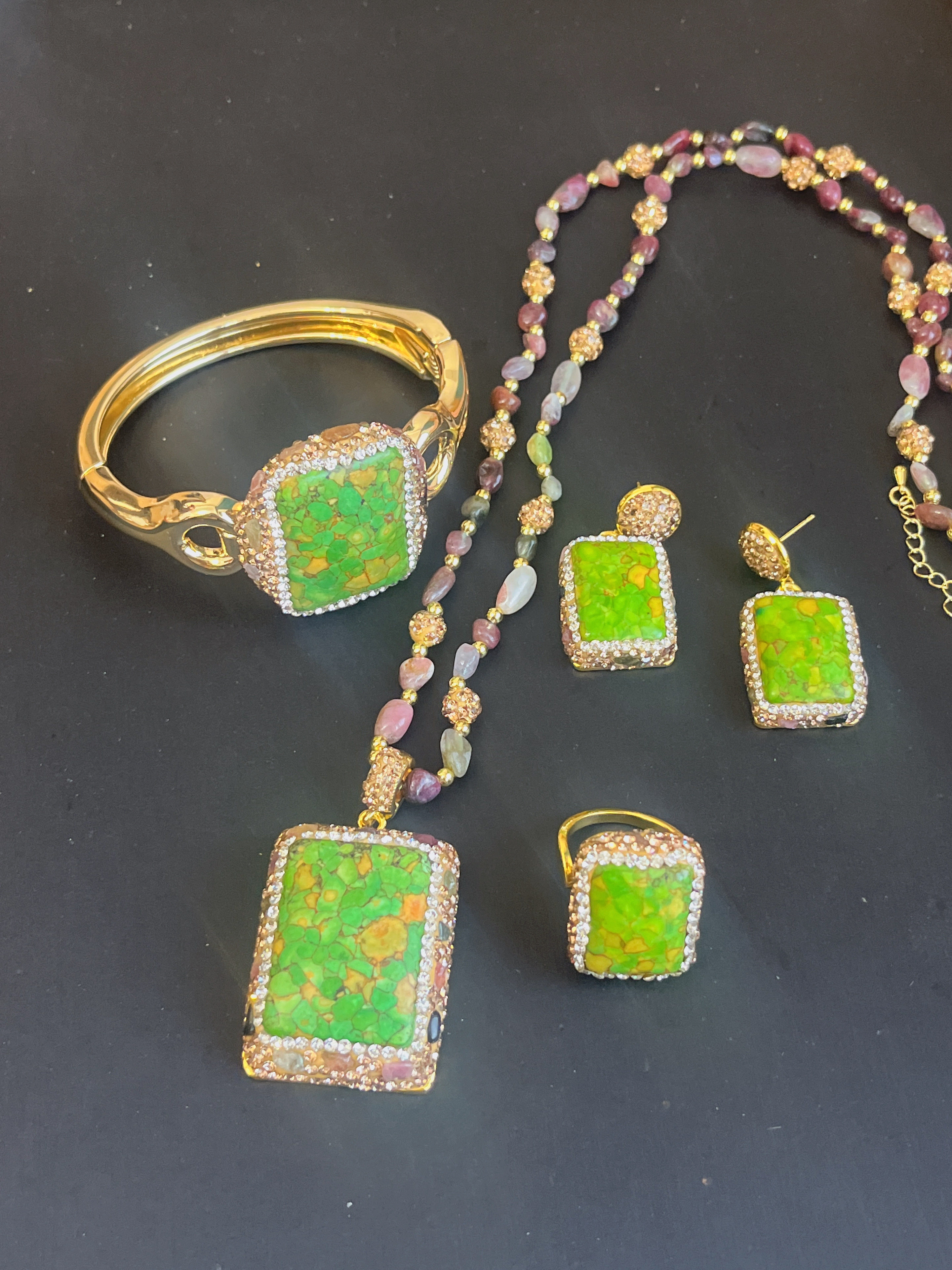 新款绿白松碧玺套装项链戒指耳钉手链耳环小众轻奢风,饰品/流行首饰/时尚饰品新,组合套装,淘宝优惠券,粉丝福利购,淘宝优惠卷