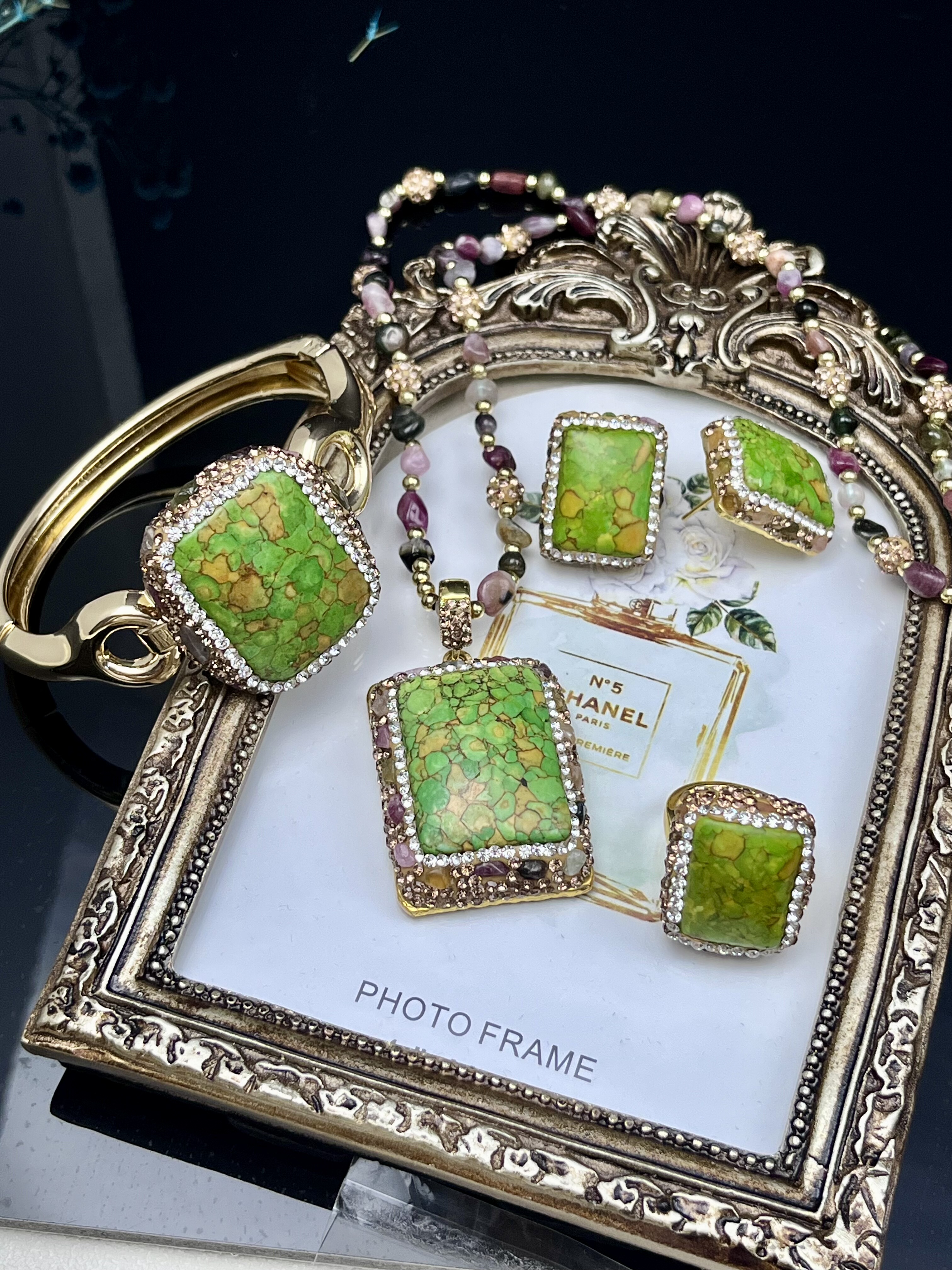 新款绿白松碧玺套装项链戒指耳钉手链耳环小众轻奢风
