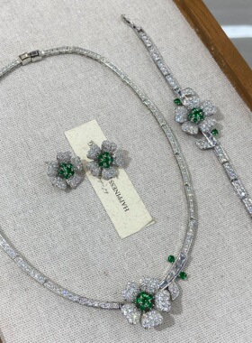 欧美经典山茶花锆石项链耳环套装晚宴婚纱高档首饰女士节日佩戴