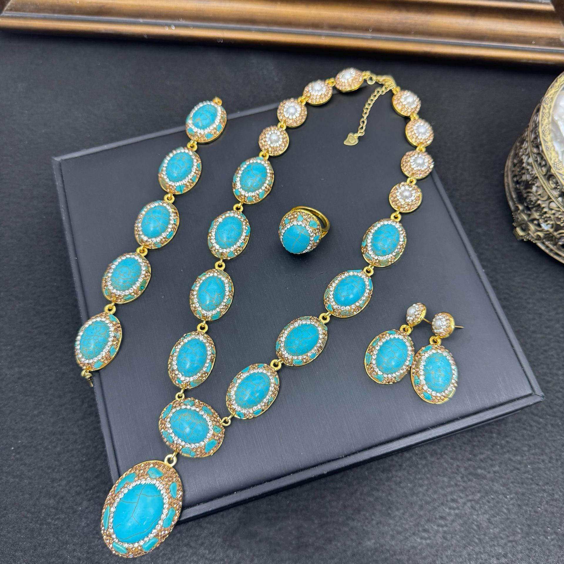 新款中古松石项链天然珍珠镶嵌套装民族风小众手工镶嵌四件套