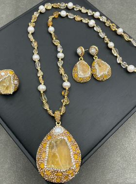 新款天然黄色水晶毛衣链吊坠项链简搭毛衣链欧美风小众耳勾戒指