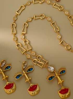 中古Vintage西洋复古红唇鼻眼耳饰925银针电镀真金耳环项链套装