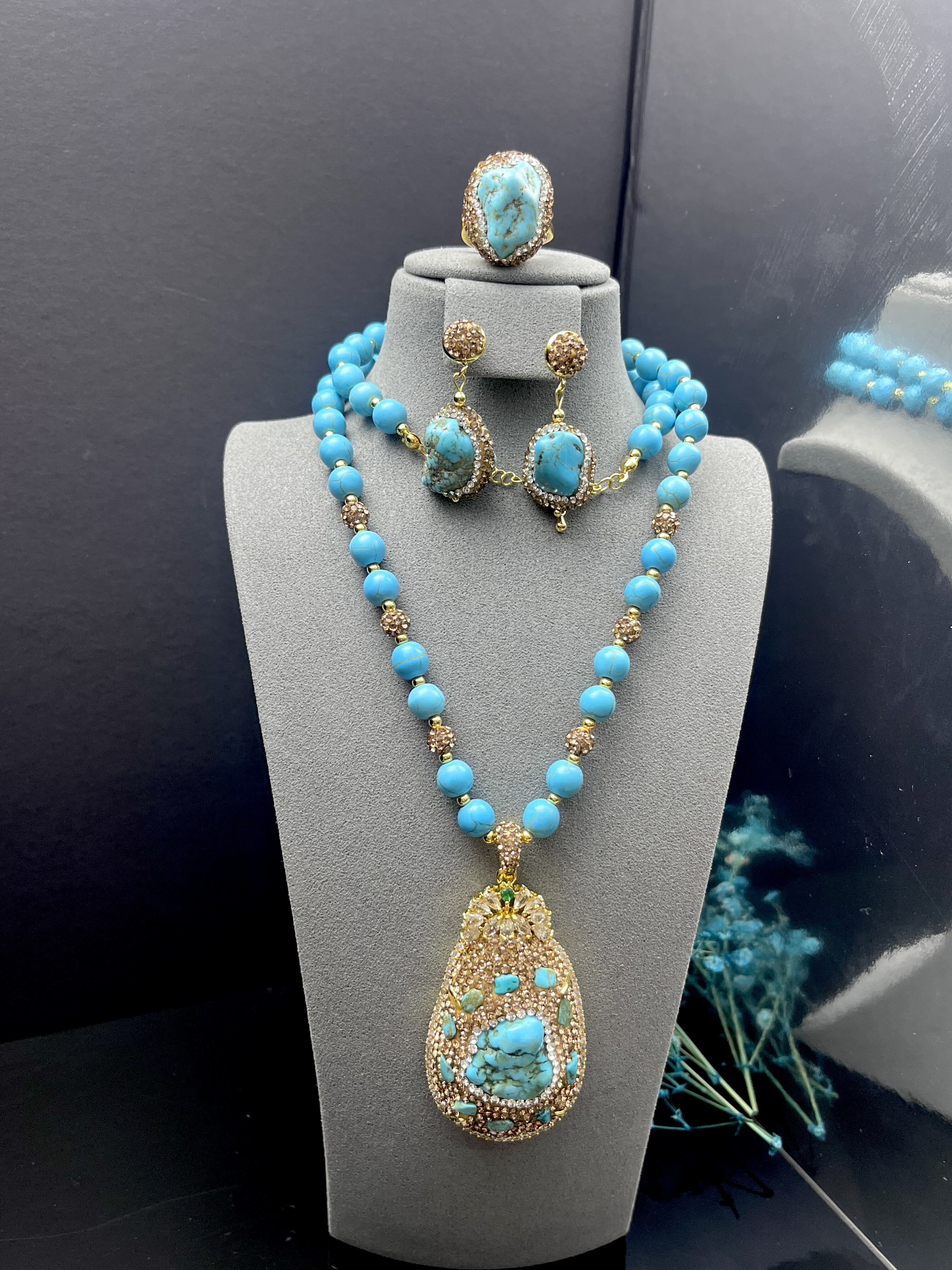 新款不规则绿松石三件套小众个性饰品高档毛衣链手工镶嵌套装