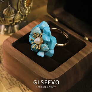 原创天然珍珠仿松石花朵戒指活口可调节镀18K金不掉色指环食指戒