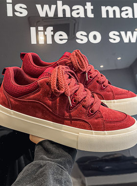 男鞋子潮鞋2025年面包鞋韩版百搭滑板鞋港风爆款男鞋安哥拉红加绒