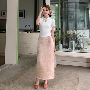 Ula Story新中式国风盘扣短袖t恤女夏款上衣高腰提花半身裙两件套