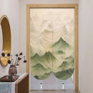 新中式山水画风景门帘半透明窗帘屏风帘软断屏风帘子禅意风水帘
