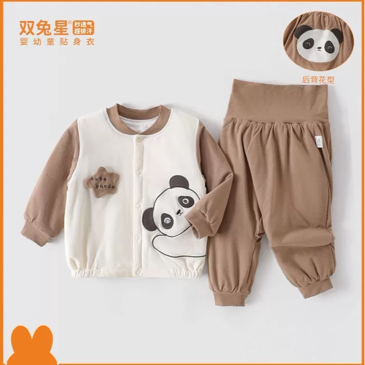 双兔星秋冬婴幼儿薄棉开襟套装宝宝棉衣棉裤加棉保暖高腰两件套