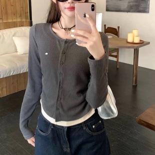 外套 女秋褶皱收腰甜辣学生开衫 全场第二件半价假两件长袖 针织衫