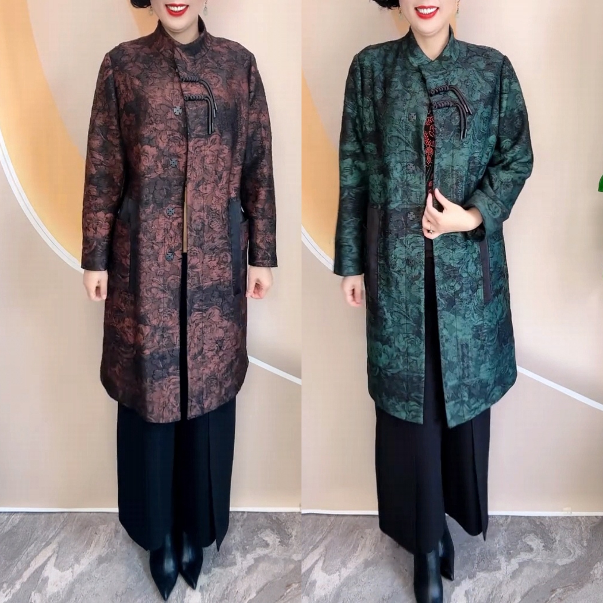 春季烫金提花风衣中年妈妈装宽松大码连帽宽松气质长款外套有内衬