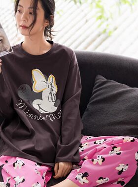 迪士尼睡衣女春秋新款圆领长袖柔软棉家居服可爱米奇少女大码套装