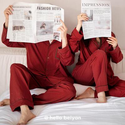 贝妍新婚情侣睡衣女春秋新款柔软棉长袖套装男士本命年红色家居服