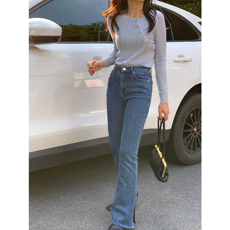 新款休闲蓝色复古牛仔裤女2025裤脚侧边开叉直筒显瘦百搭高腰长裤