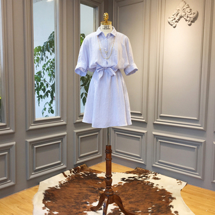 夏装新款法式复古收腰短袖衬衫条纹连衣裙休闲超仙森系a字裙夏款