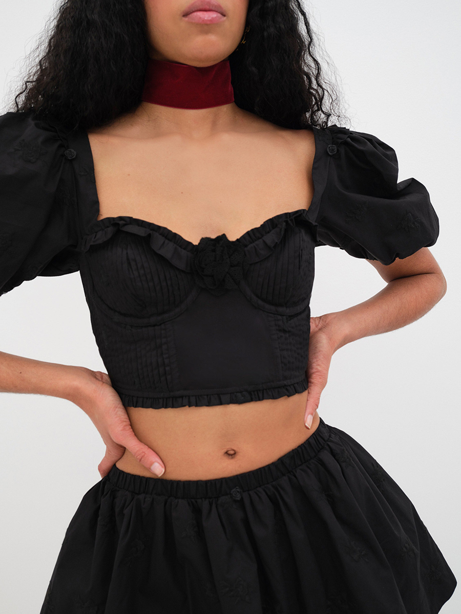 LAXMI买手店For Love & Lemons 23 荷叶边方领短上衣蕾丝拼接半裙
