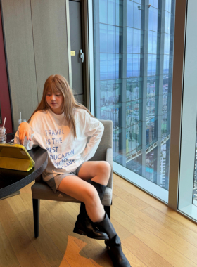 wann现货 美式腔调!100棉蓝色字母印花宽松慵懒长袖休闲打底T恤