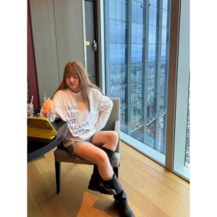 wann现货 美式腔调!100棉蓝色字母印花宽松慵懒长袖休闲打底T恤