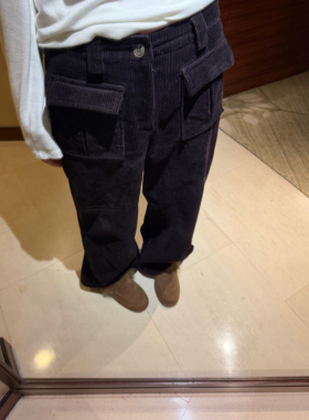 wann现货加厚 紫咖啡灯芯绒加绒长裤设计感口袋保暖直筒裤休闲裤